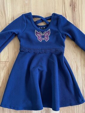 Girls' Royal Blue Long-Sleeve Dress with Rhinestone Butterfly and flare sleeves